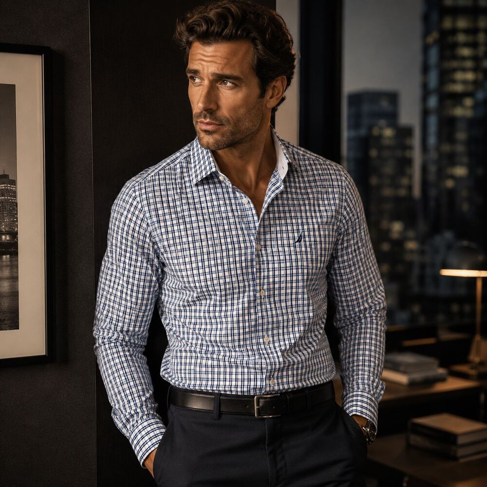 Nautica Button Up Dress Classic Fit Shirt Men's Blue Check XL 17 1/2 (34/35)